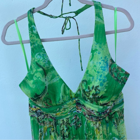 Y2K Sue Wong 100% Silk Green Gold Metallic Halter Maxi Dress Size 12 - Picture 4 of 8